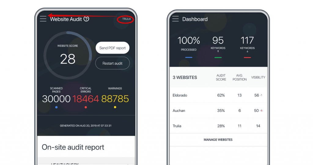 Dashboard interface in the SE Ranking app
