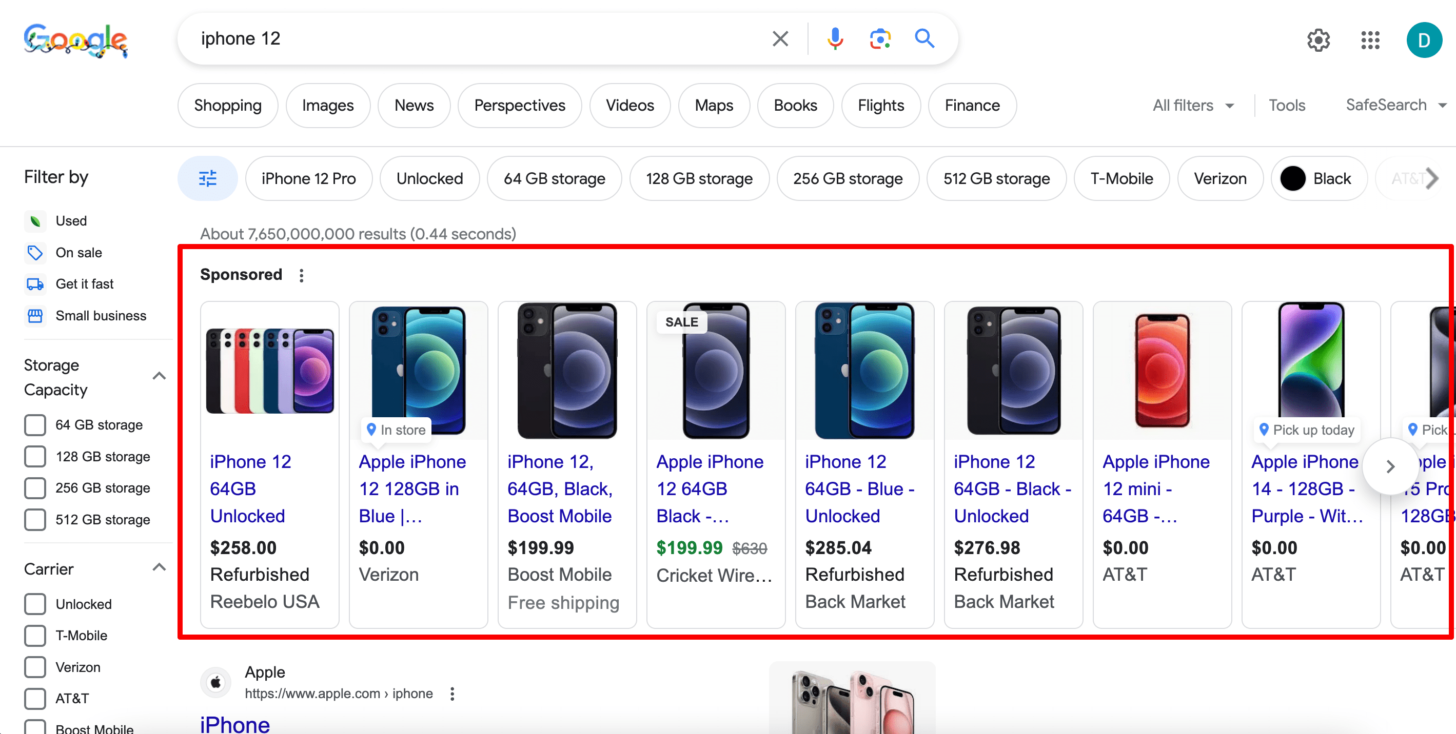 Shopping Results SERP feature