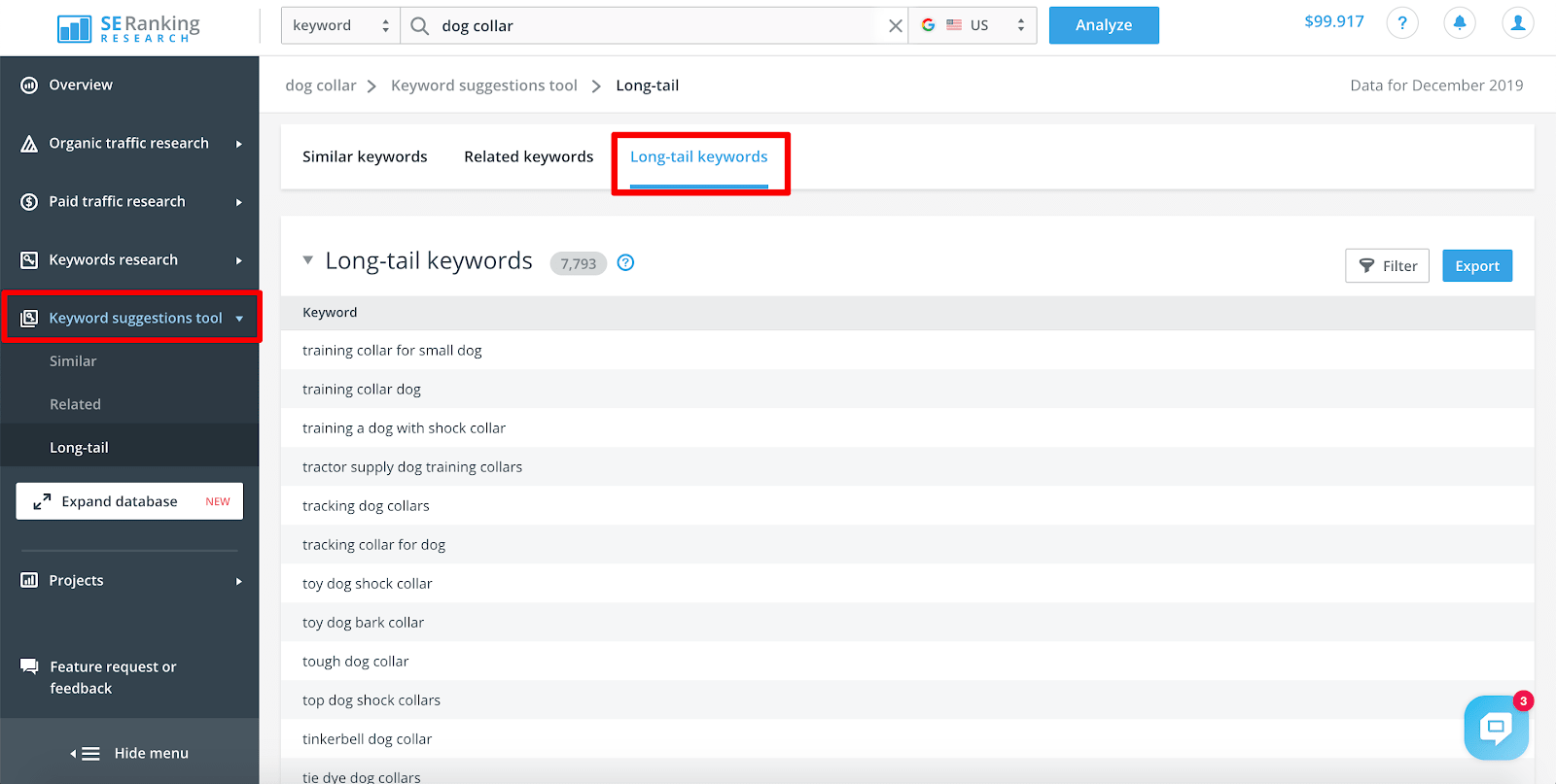 Finding keywords with Keyword Suggestion tool Long-tail keywords in SE Ranking's Keyword Suggestion tool