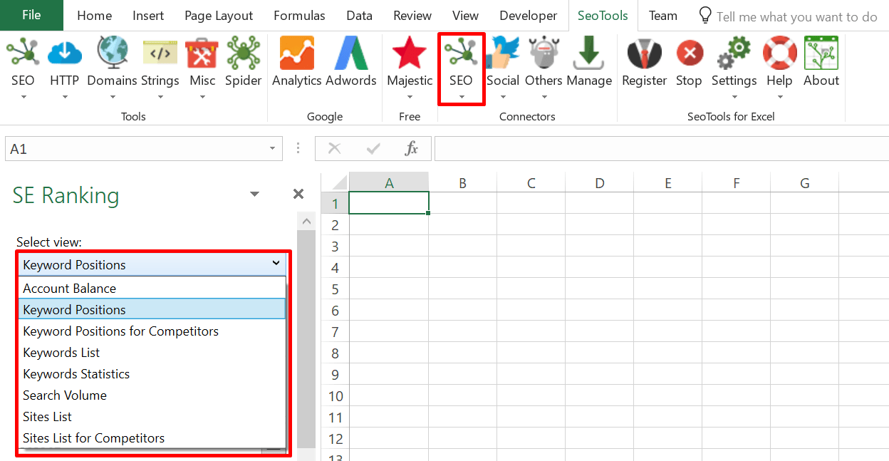 SEOtools for excel connector