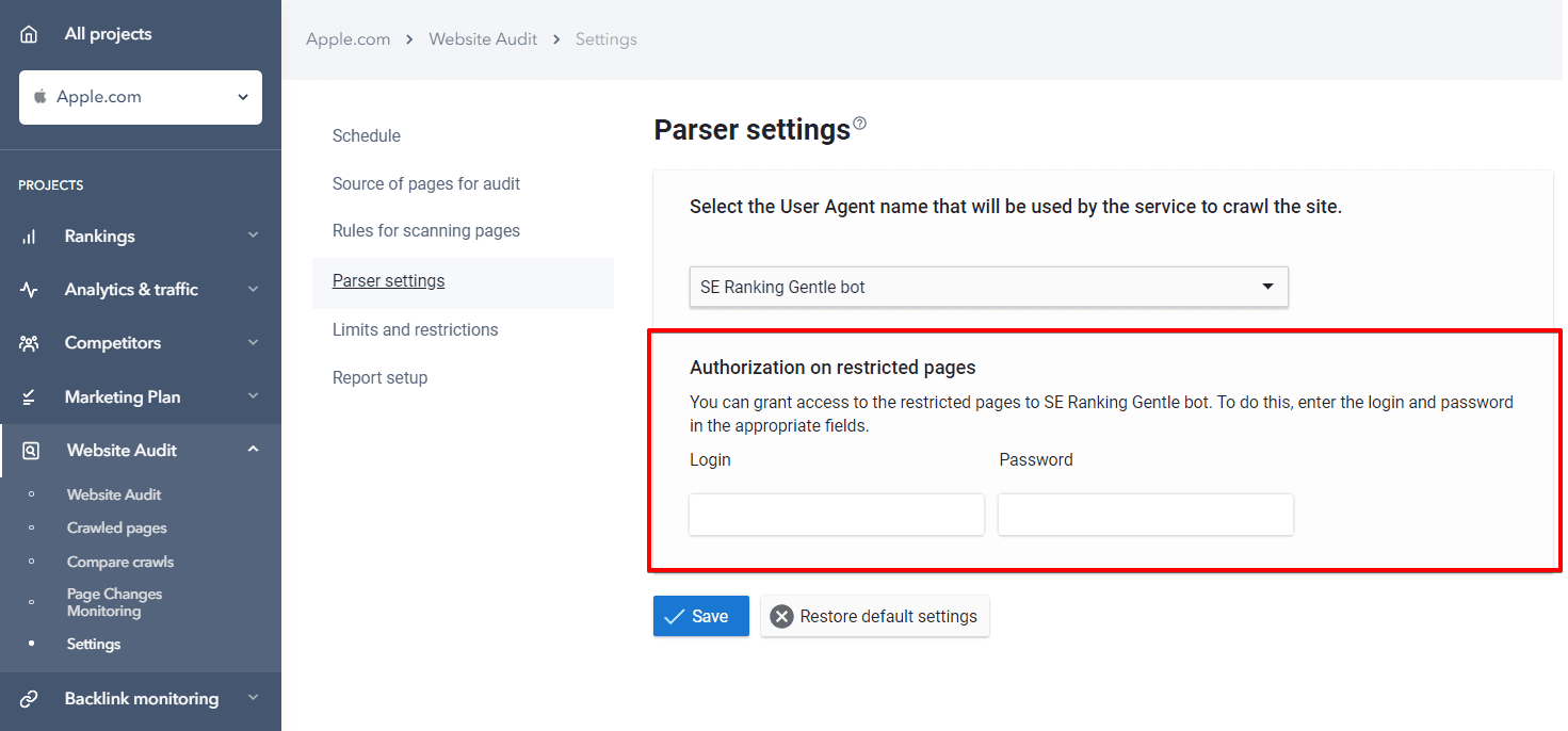 Parser settings autorisation