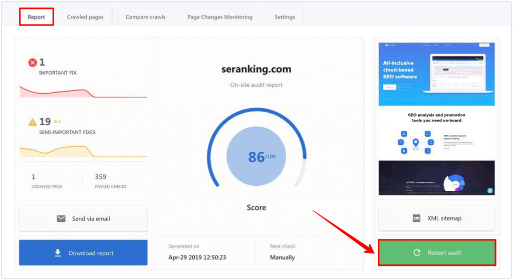 How to restart an audit in Website Audit Restarting an audit in Website Audit