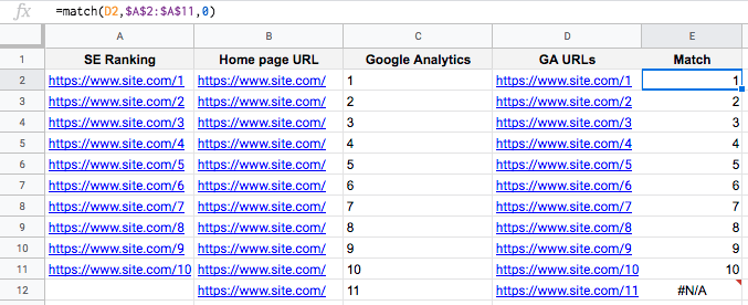 Using the match function in Google Sheets