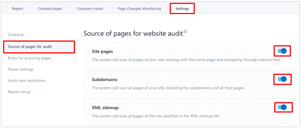 How to configure Source of pages for audit Configuring Source of pages for audit