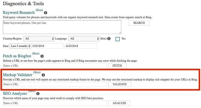 Bing validates the markup in diagnostic tools