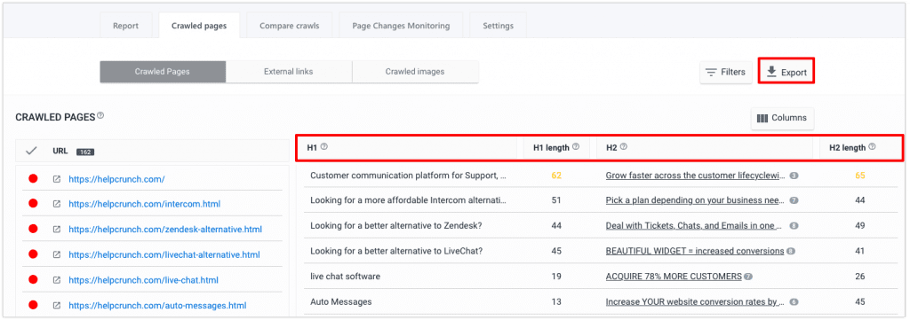 Crawled Pages in SE Ranking's Website Audit Example of Crawled Pages in SE Ranking's Website Audit