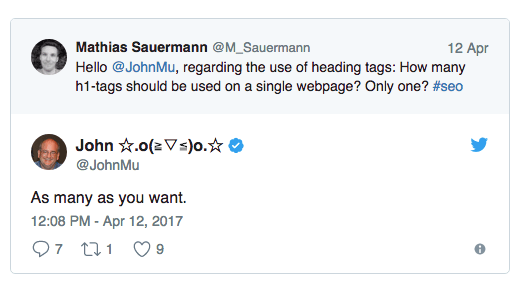 John Mueller's tweet on number of H1 tags