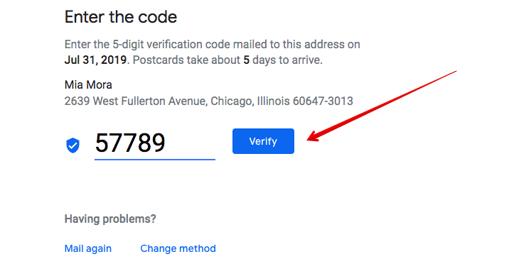 google My business verification code