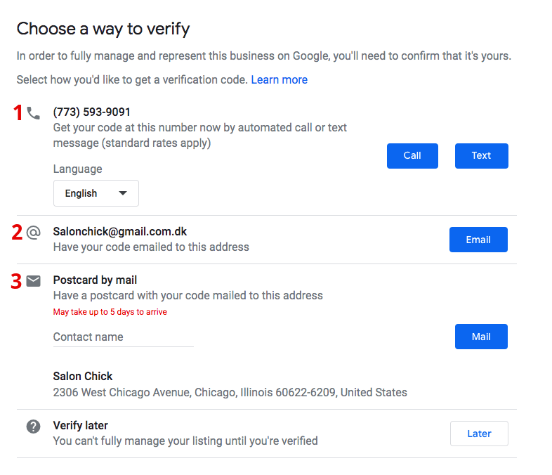 google my business verification options