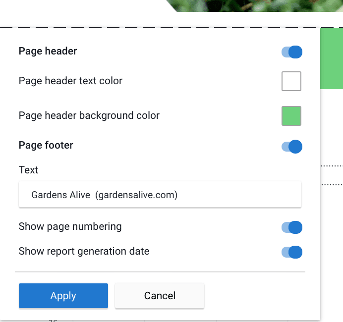 How to customize the page header and footer in SE Ranking's Report Builder