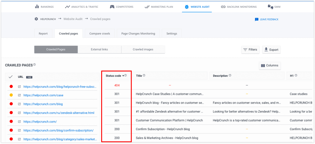 Website Audits Crawled Pages with Status Codes How to view status codes via Website Audit