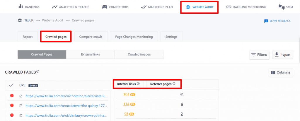 Checking internal linking structure in SE Ranking