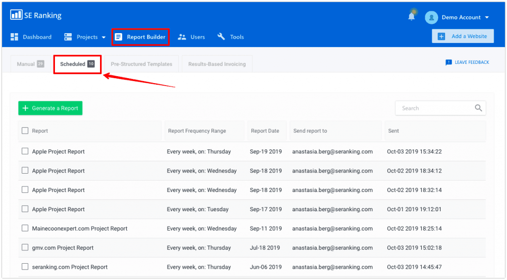 Automatically sharing reports via email in SE Ranking How to automatically share reports via email in SE Ranking