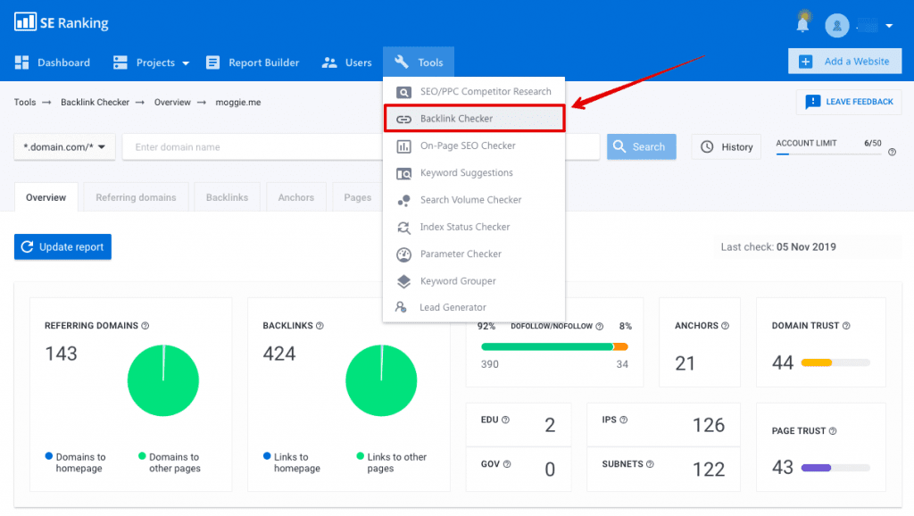 Backlink Checker from SE Ranking