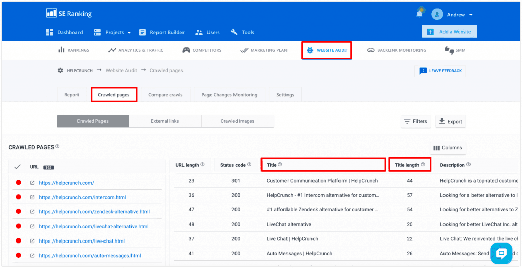 Title tag filter in SE Ranking Website Audit SE Ranking Website Audit title tag filter
