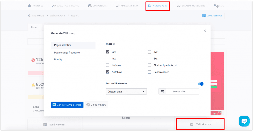 Creating an XML sitemap in SE Ranking Website Audit XML sitemap configuration in SE Ranking Website Audit