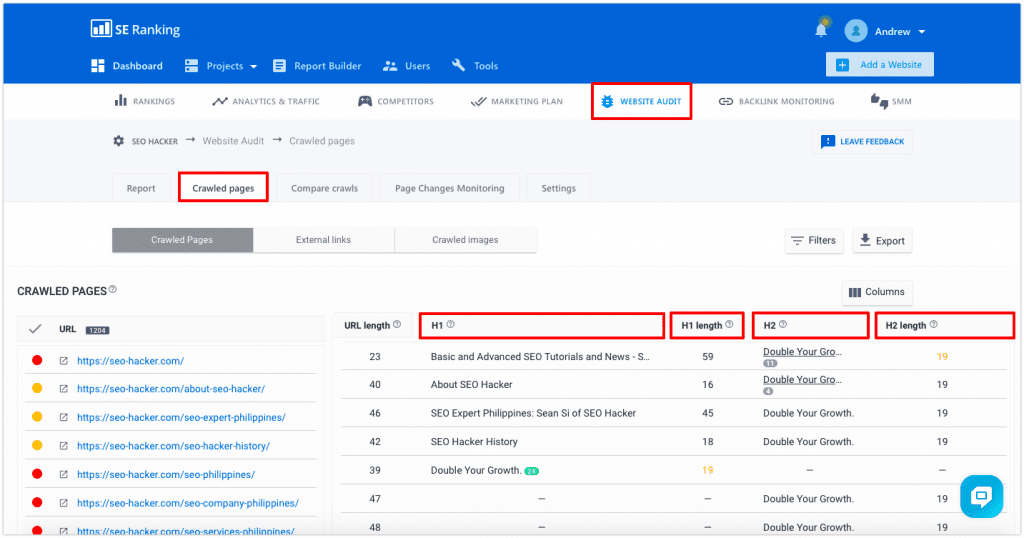 SE Ranking Website Audit header tags filter Filter of header tags in SE Ranking Website Audit