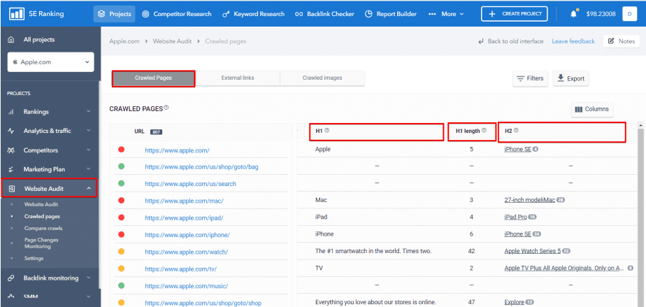 Filter of header tags in SE Ranking Website Audit