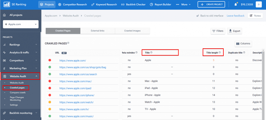 SE Ranking Website Audit title tag filter