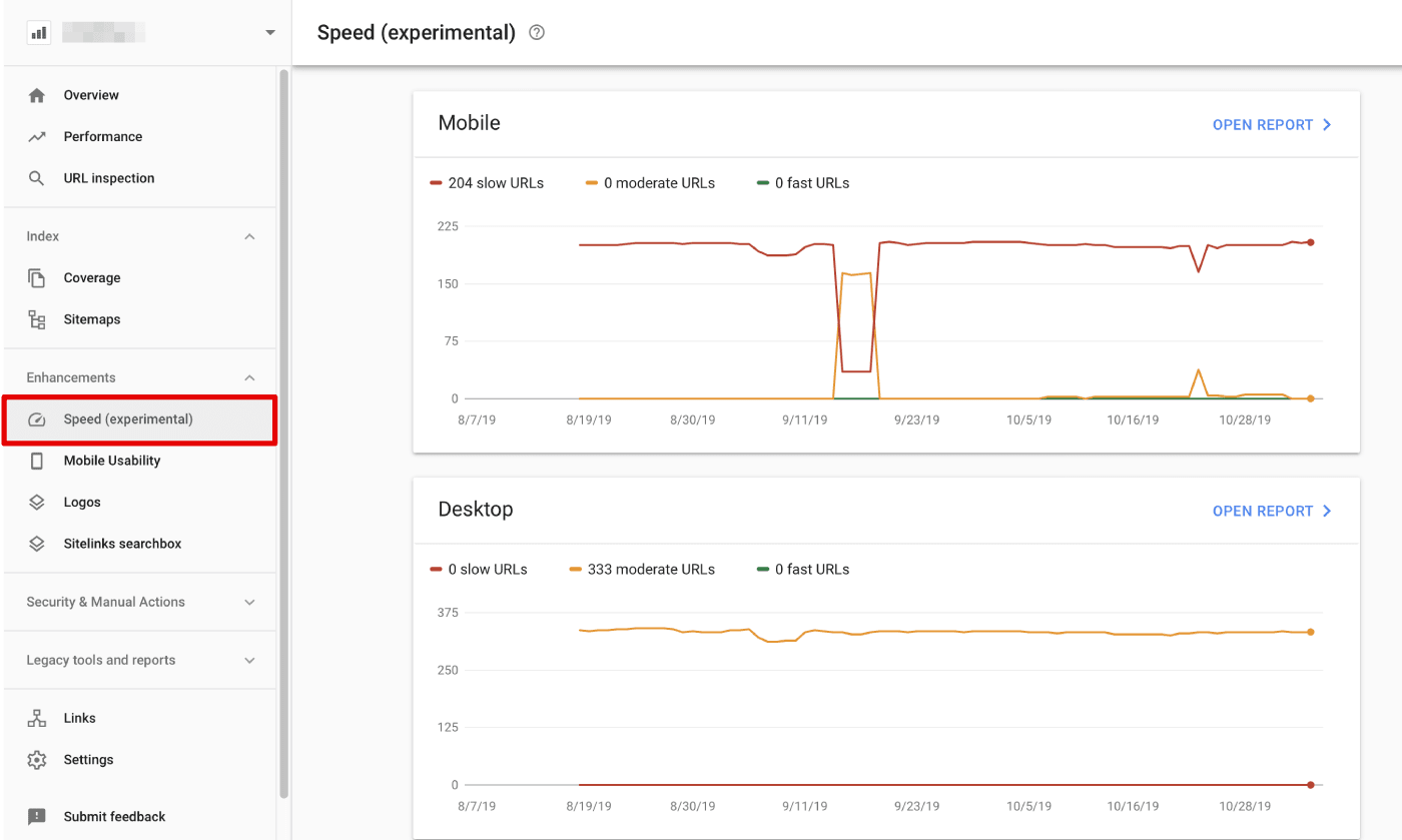 Speed report in Google Search Console