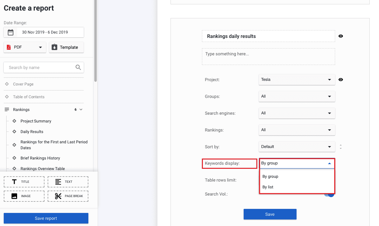 Keyword display in SE Ranking