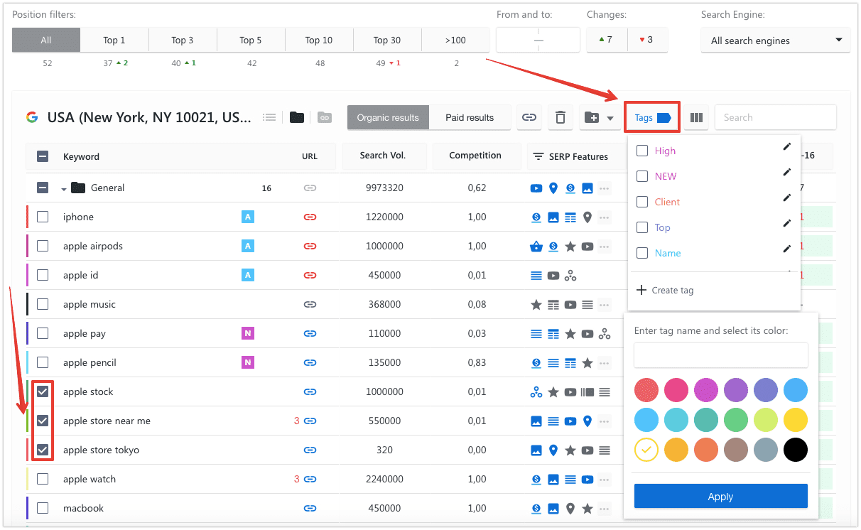 Adding keyword tags in SE Ranking