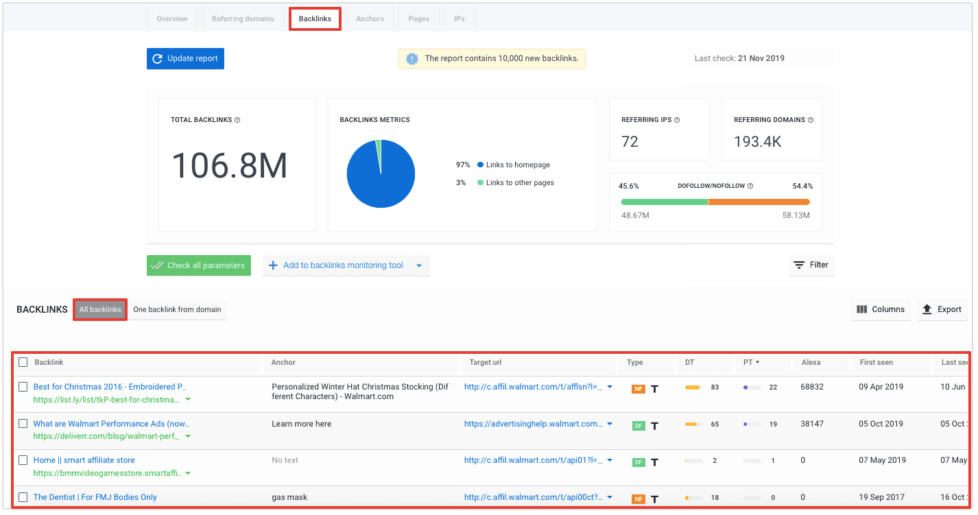 Backlinks tab in Backlink Checker Backlink Checker's Backlink tab