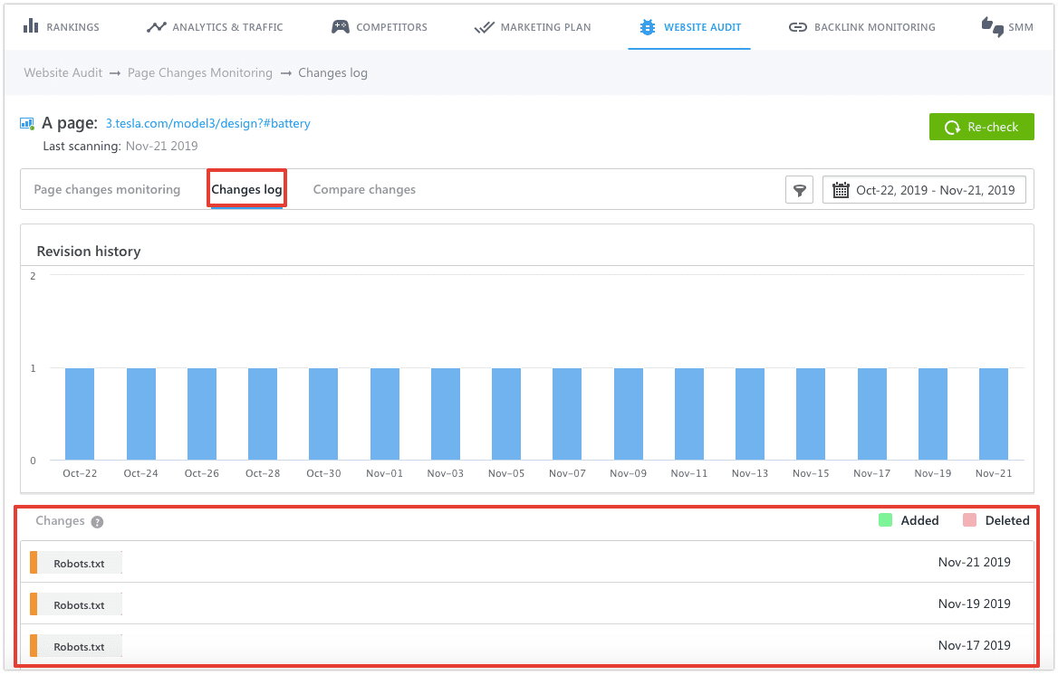 Changes log in Page Changes Monitoring tool Viewing changes in Page Changes Monitoring tool