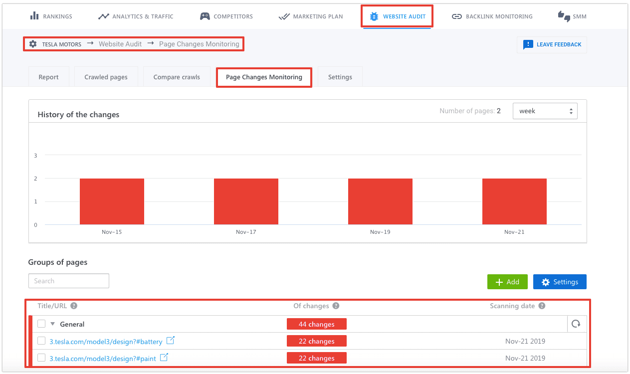 SE Ranking's Page Changes Monitoring tool Page Changes Monitoring tool in SE Ranking