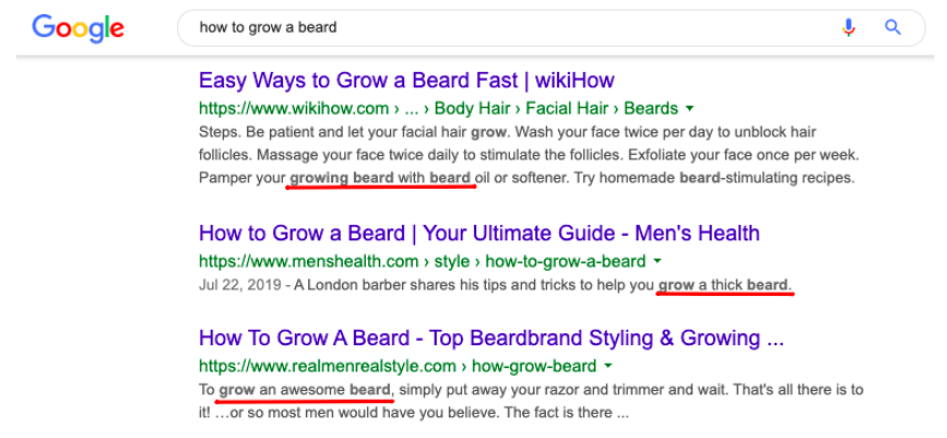 How keywords are highlighted in snippets