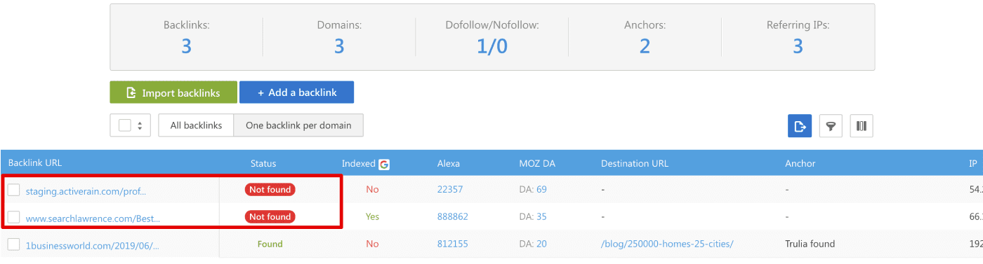 SE Ranking's Backlink Monitoring tool Backlinks with "Not found" status in SE Ranking's Backlink Monitoring tool