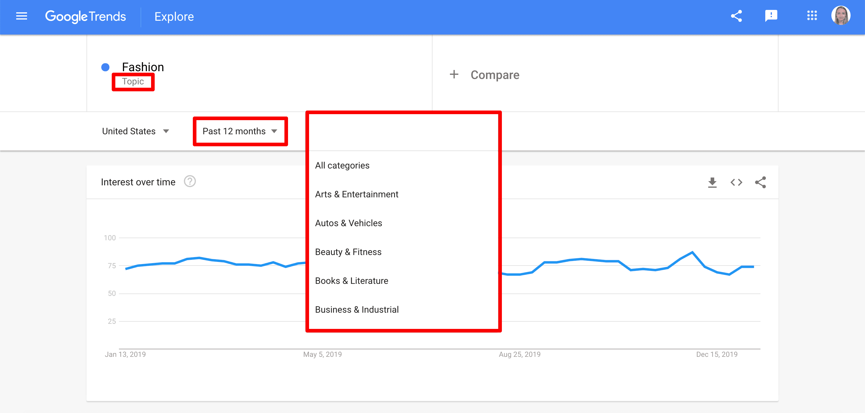 Filters in Google Trends Explore section