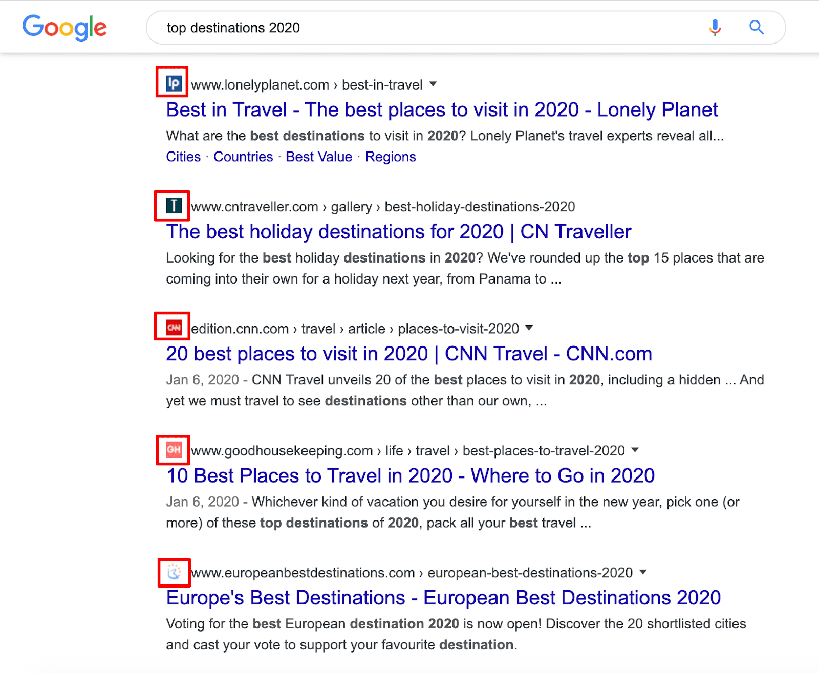 Favicons in the SERP Example of favicons in the search results