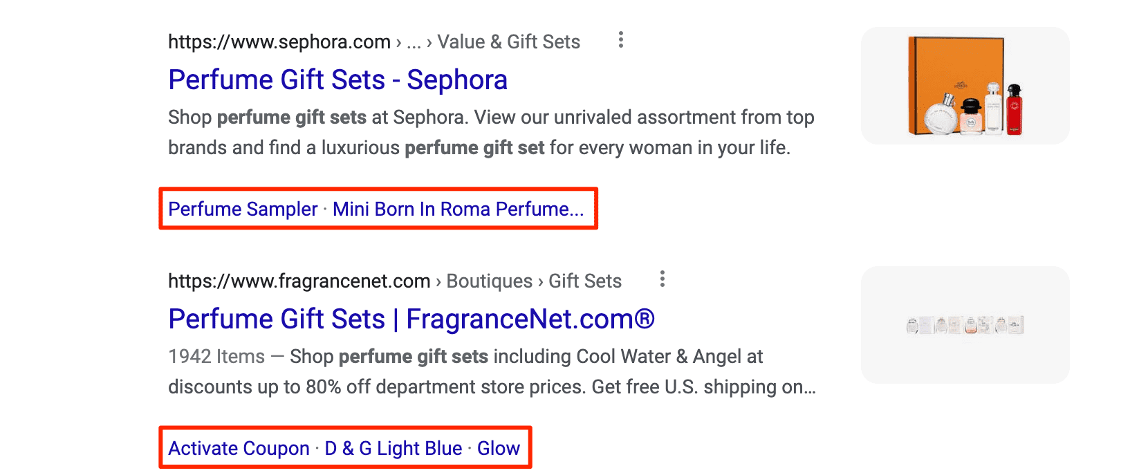 several sets of one-line sitelinks per SERP