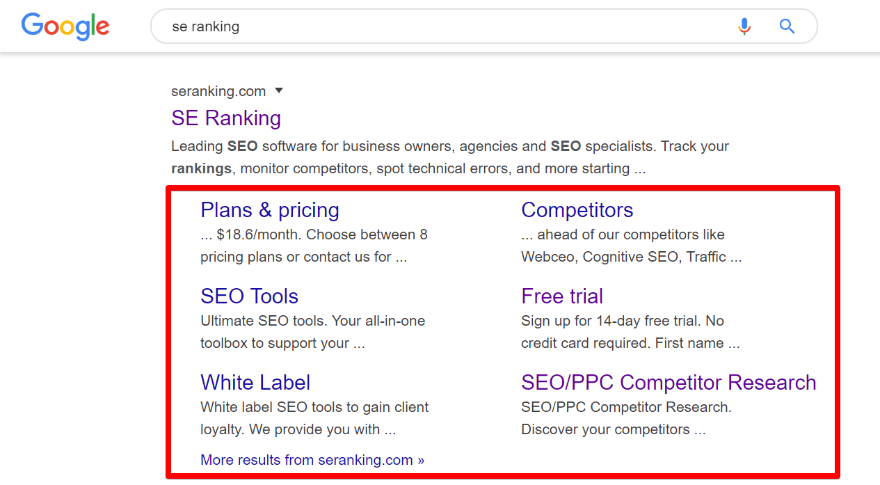 SE Ranking Google sitelinks