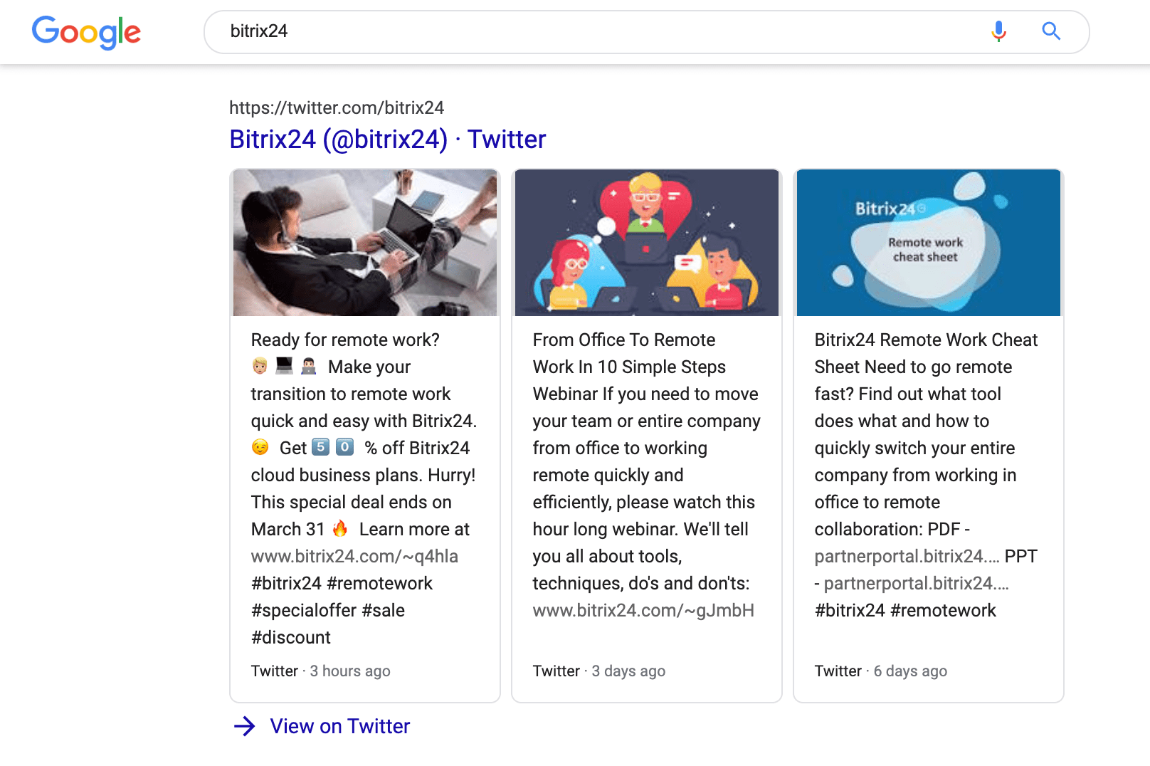 Boîtes Twitter dans la marque Bitrix24 SERP