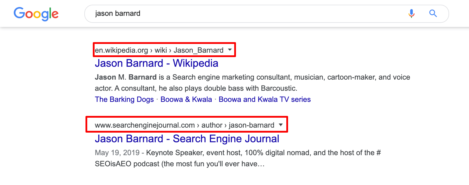 Pages Wikipédia et SEJ dans la marque SERP de Jason Barnard