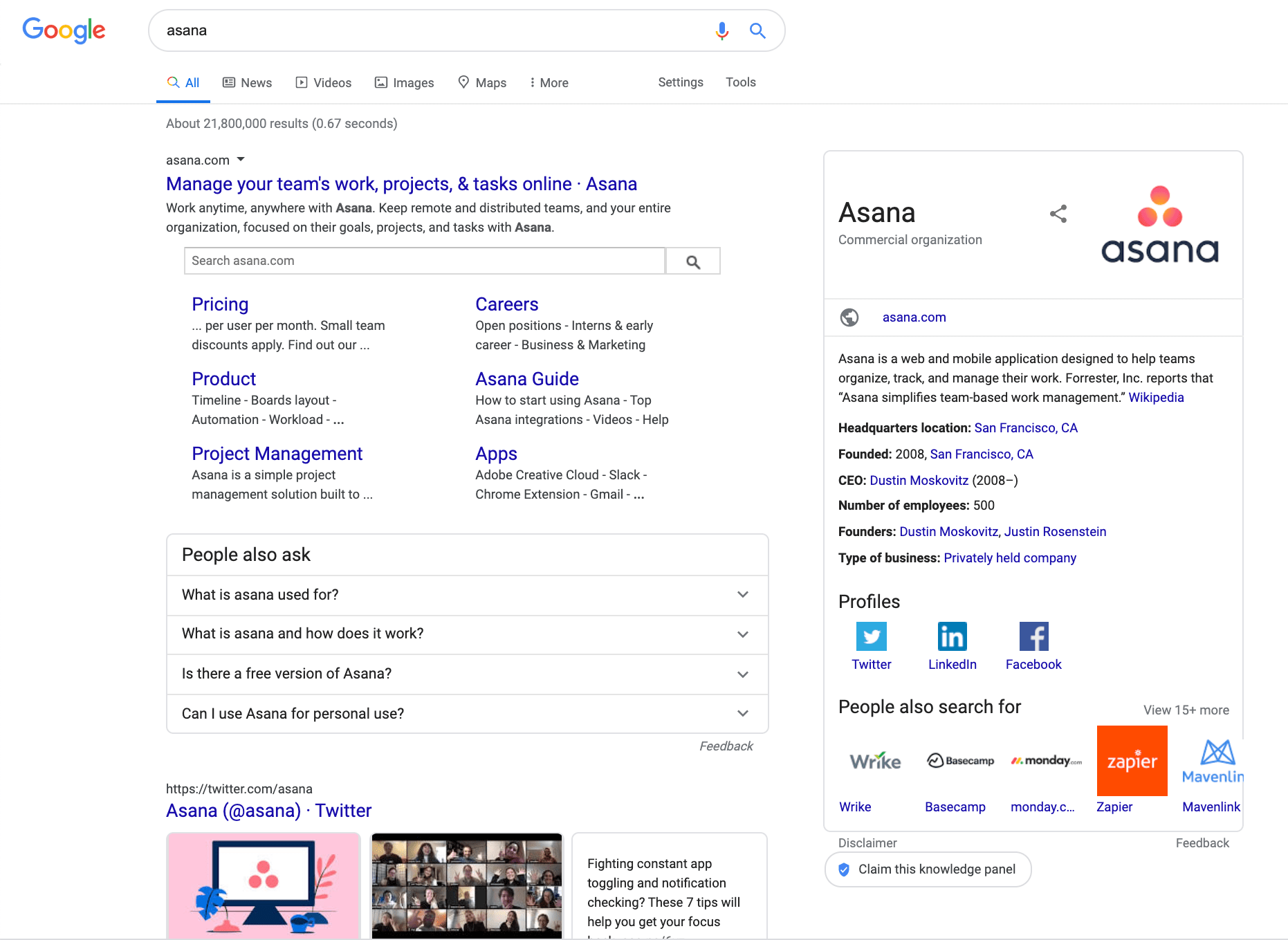 Panneau de connaissances Asana dans la marque SERP