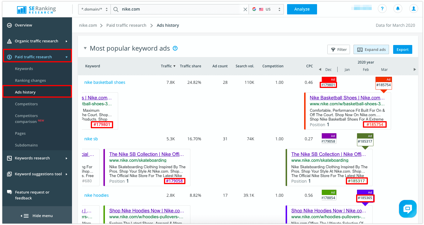Variations d'annonces Google dans le classement SE "data-srcset =" https://seranking.com/blog/wp-content/uploads/2020/05/Google-Ad-variations-in-SE-Ranking.png 1443w, https: / /seranking.com/blog/wp-content/uploads/2020/05/Google-Ad-variations-in-SE-Ranking-450x239.png 450w, https://seranking.com/blog/wp-content/uploads/ 2020/05 / Google-Ad-variations-in-SE-Ranking-924x490.png 924w, https://seranking.com/blog/wp-content/uploads/2020/05/Google-Ad-variations-in-SE -Ranking-768x407.png 768w "data-tailles =" (largeur max: 709px) 85vw, (largeur max: 909px) 67vw, (largeur max: 1362px) 62vw, 840px Données du classement SE sur les variations d'annonces