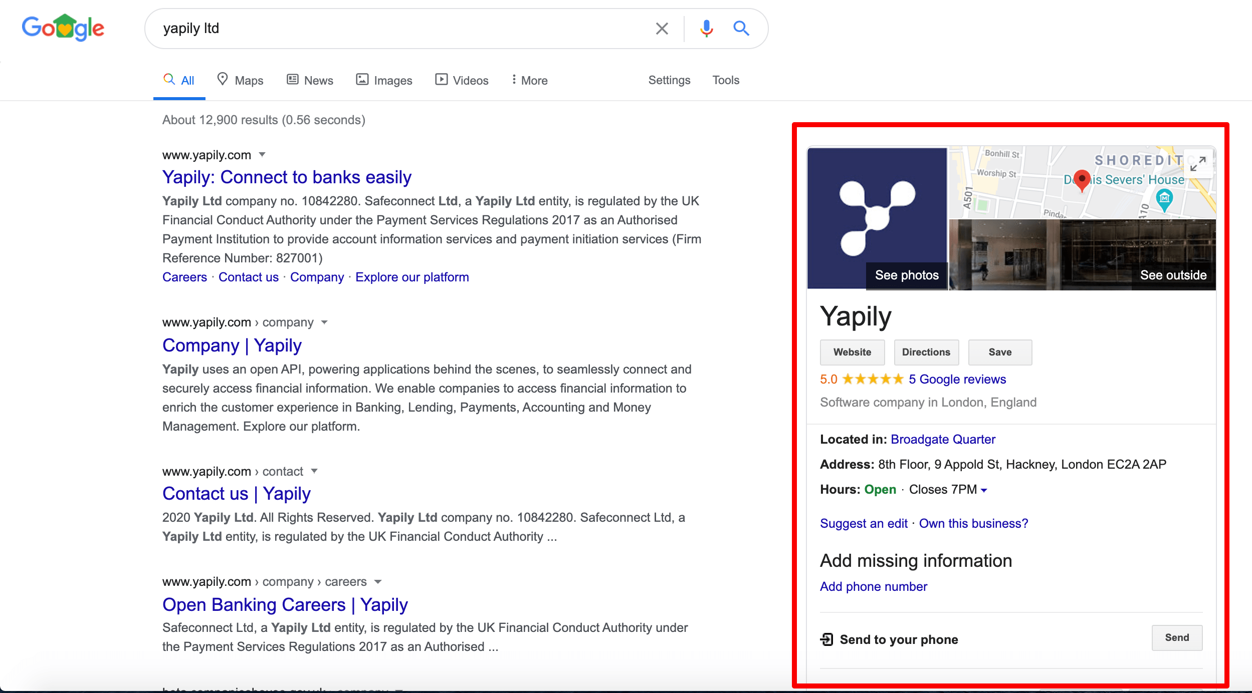 Yapily GMB in brand SERP