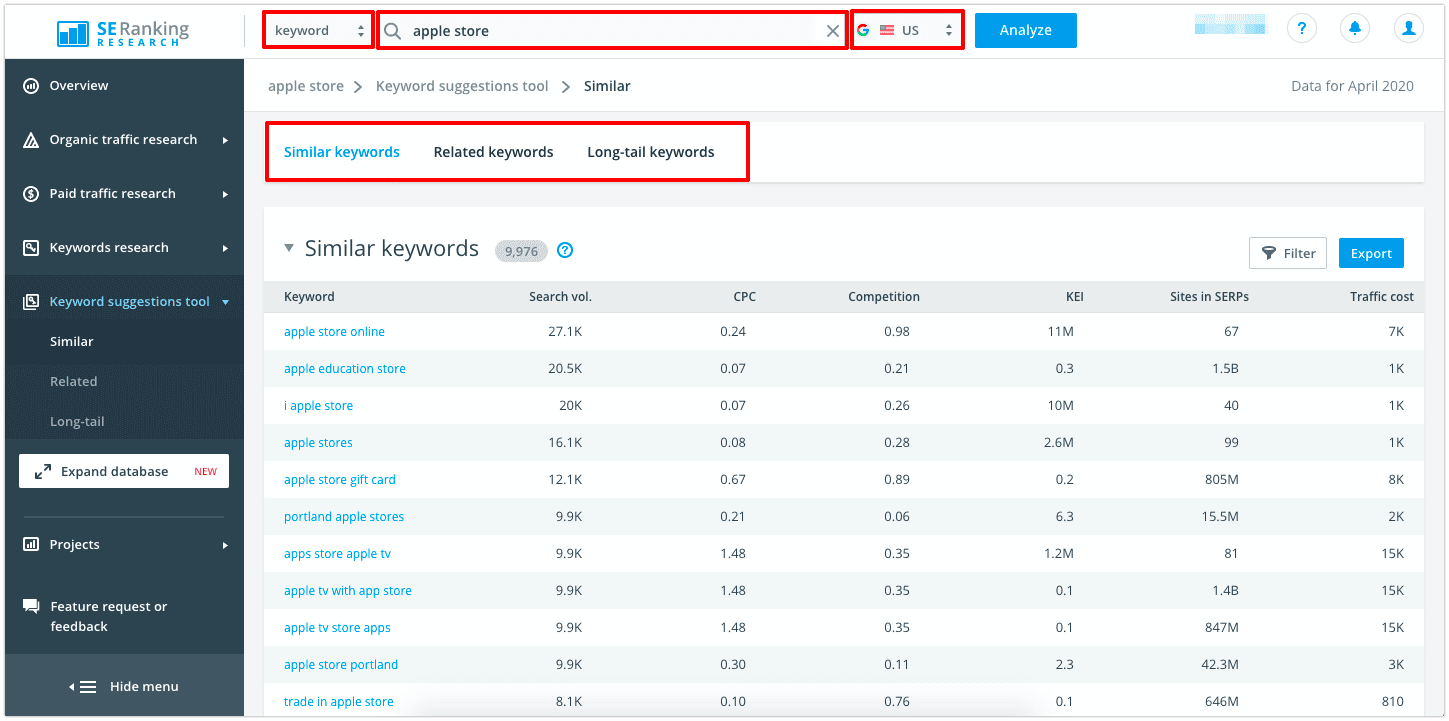 Keyword suggestions in SE Ranking Keyword Suggestions tool in SE Ranking