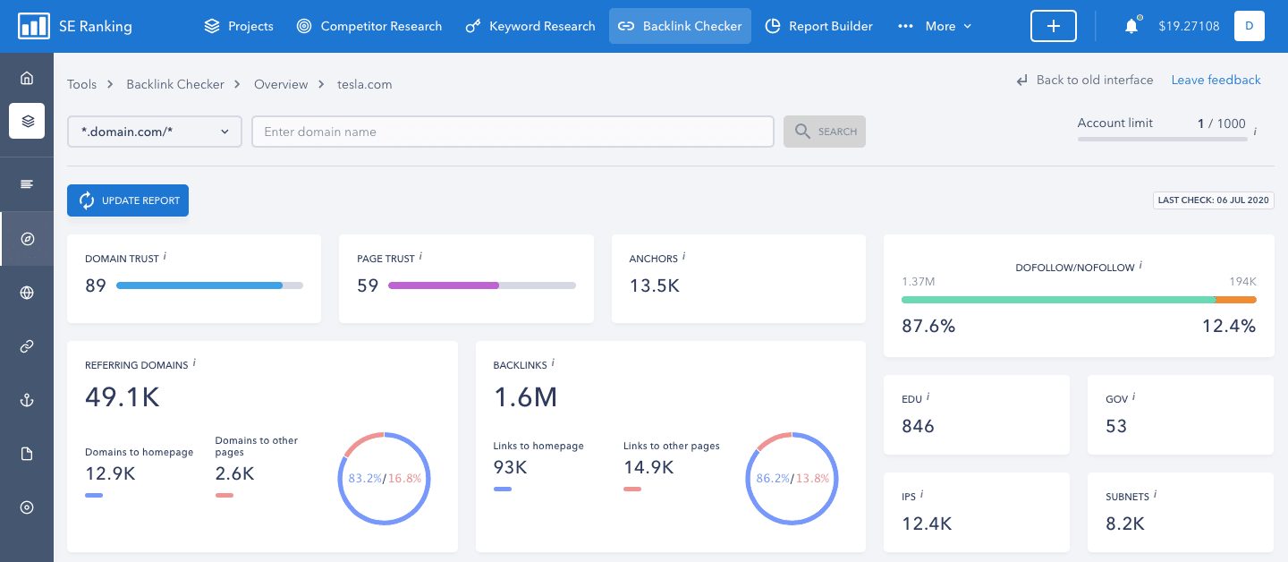 Backlink profile overview in new SE Ranking update