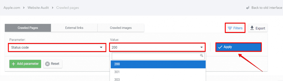 Adding the Status code filter in Website Audit