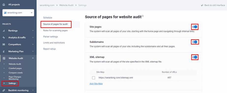 Configuring Source of pages for audit