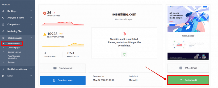 Restarting an audit in Website Audit