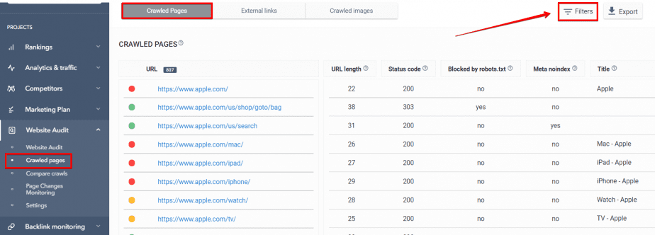 Crawled Pages in Website Audit