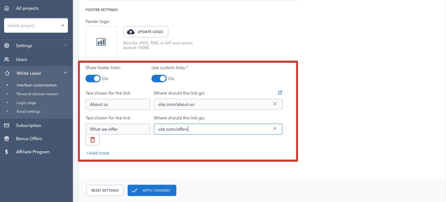 Footer customization for White Label users