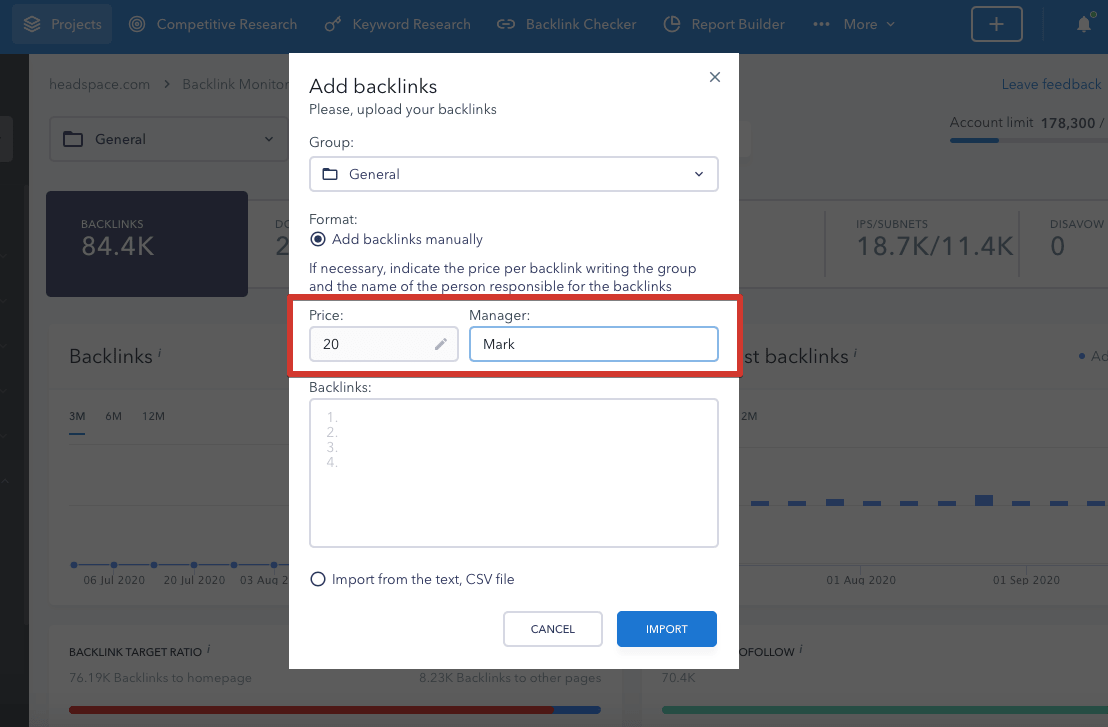 Price and manager assigned to backlinks