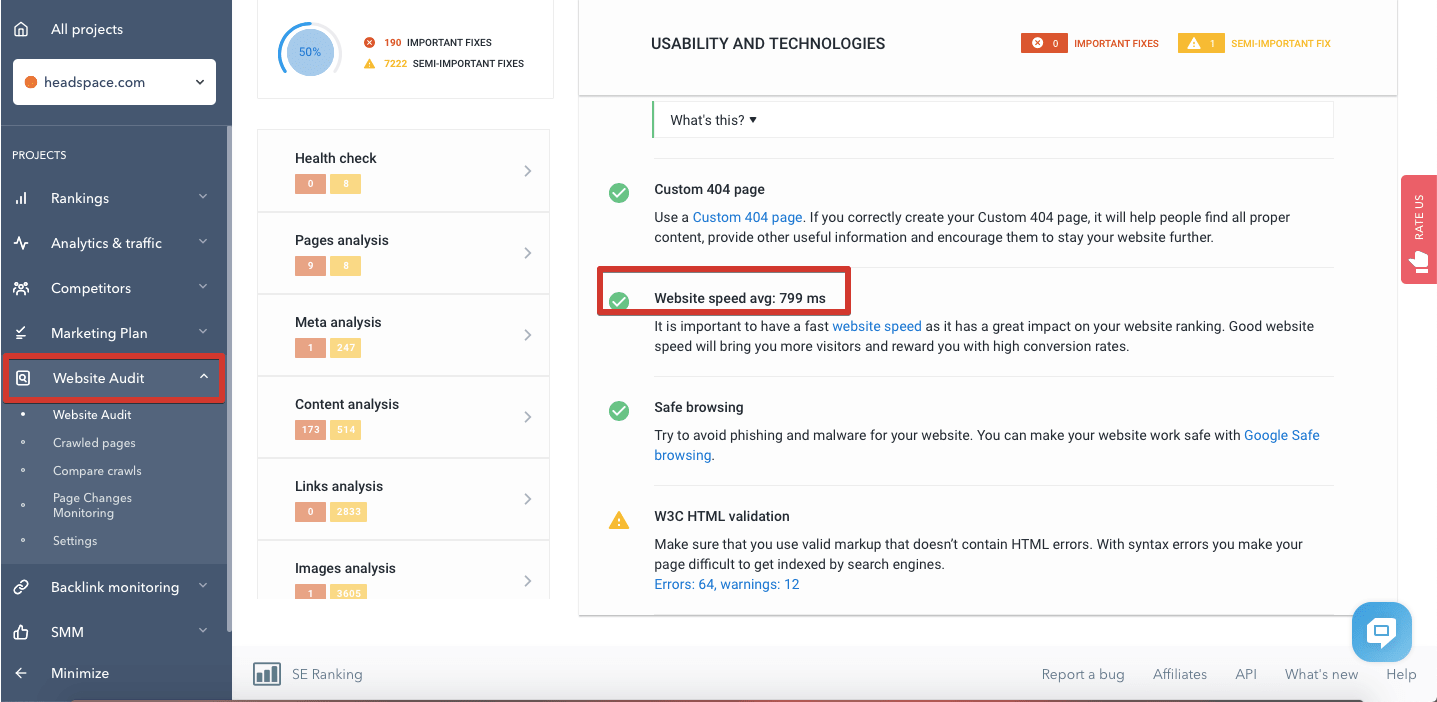 Website speed check in SE Ranking Speed check in SE Ranking