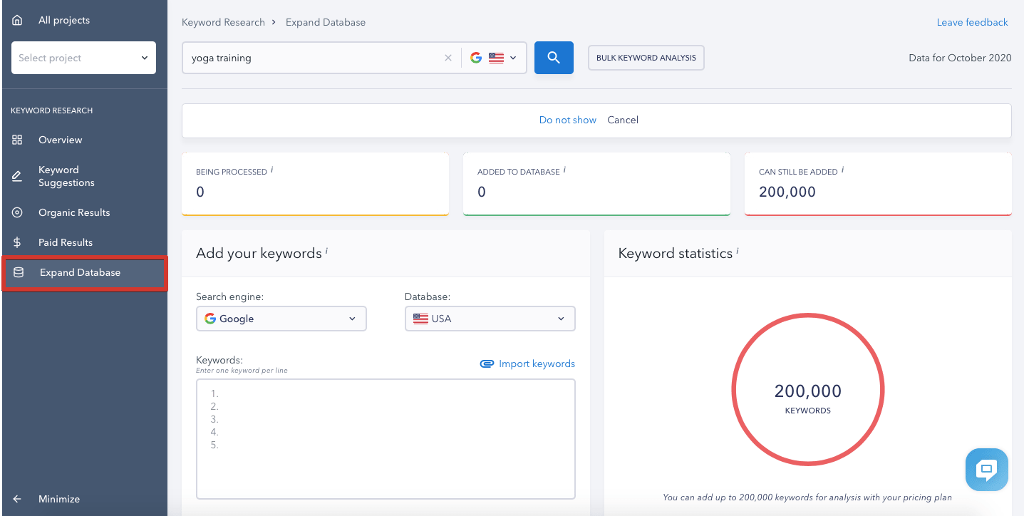 Expanding keyword database in SE Ranking